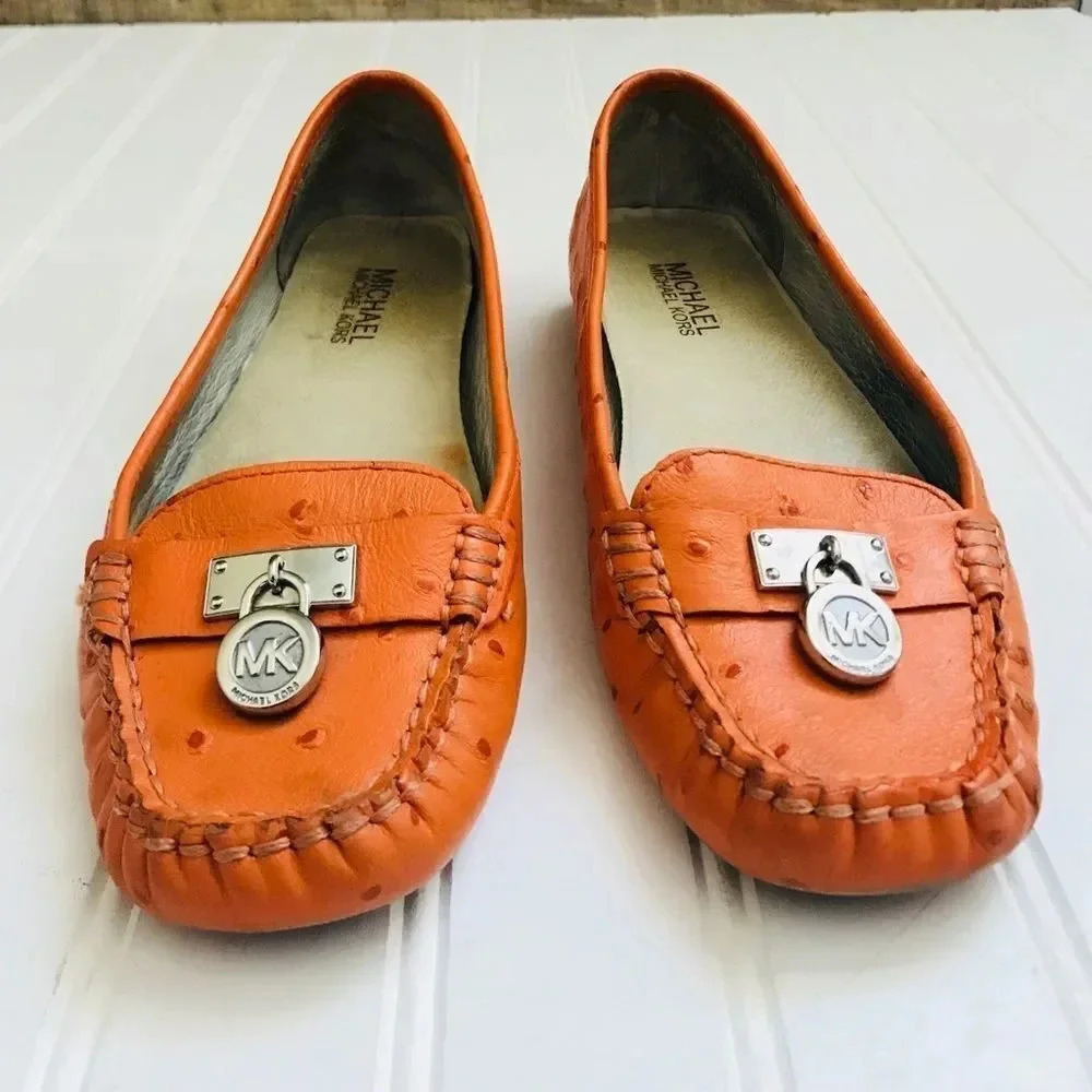 Michael Kors Hamilton Tangerine Ostrich Leather Loafers - Picture 5 of 8